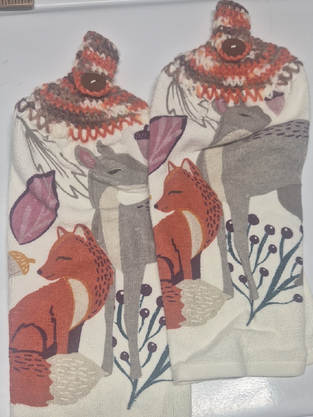 Woodland Fox & Deer Hanging Kitchen Towels - Cream with Rust and Gray